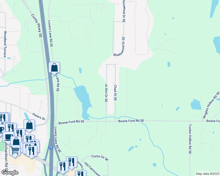 map of restaurants, bars, coffee shops, grocery stores, and more near 249 Jo Ann Drive Southeast in Calhoun