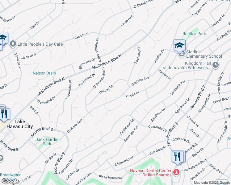 map of restaurants, bars, coffee shops, grocery stores, and more near 2771 Typhoon Lane in Lake Havasu City