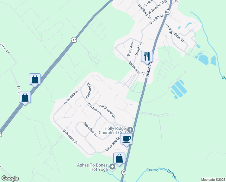 map of restaurants, bars, coffee shops, grocery stores, and more near 457 Belvedere Drive in Holly Ridge