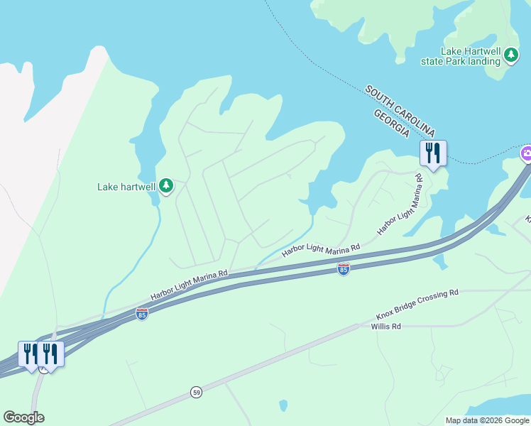map of restaurants, bars, coffee shops, grocery stores, and more near 233 Harbor Heights Circle in Lavonia