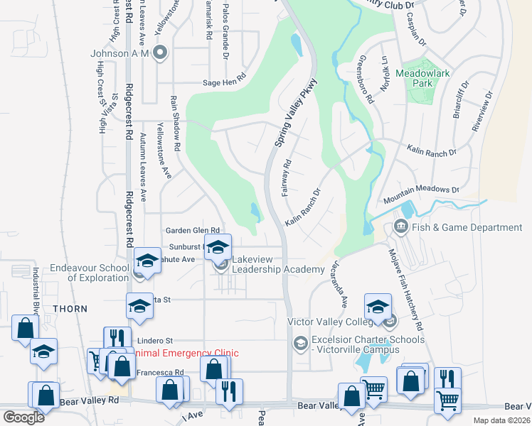 map of restaurants, bars, coffee shops, grocery stores, and more near 12634 Spring Valley Parkway in Victorville