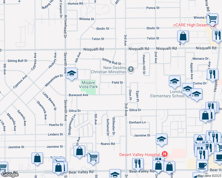 map of restaurants, bars, coffee shops, grocery stores, and more near 12643 Field Way in Victorville