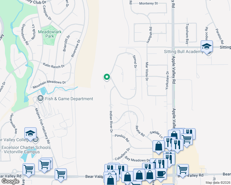 map of restaurants, bars, coffee shops, grocery stores, and more near 18965 Shetland Road in Apple Valley