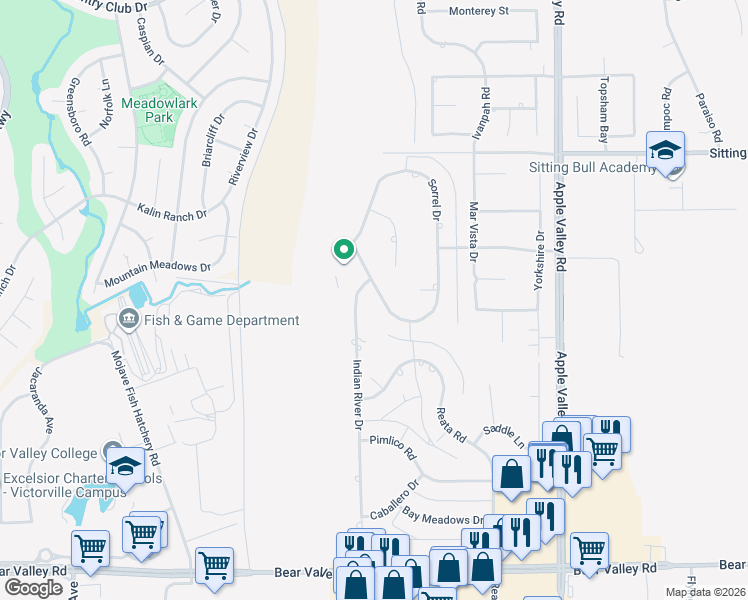 map of restaurants, bars, coffee shops, grocery stores, and more near 18965 Shetland Road in Apple Valley