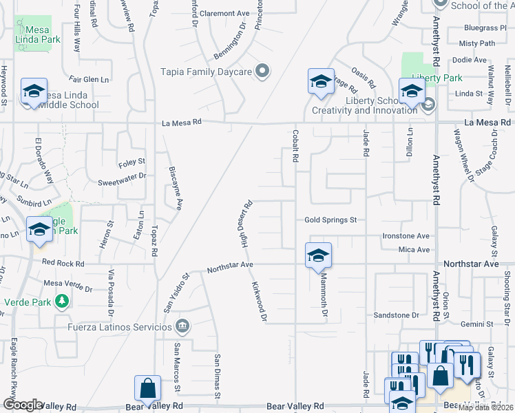 map of restaurants, bars, coffee shops, grocery stores, and more near 13221 High Desert Road in Victorville