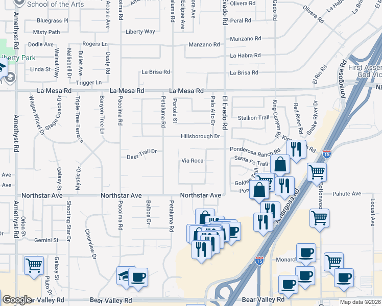 map of restaurants, bars, coffee shops, grocery stores, and more near 14375 Ponderosa Ranch Road in Victorville