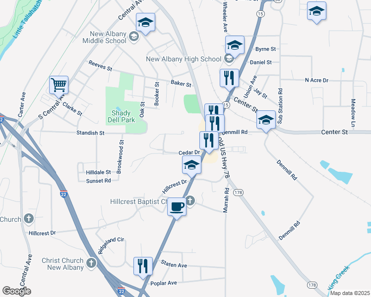 map of restaurants, bars, coffee shops, grocery stores, and more near 1001-1099 Cedar Drive in New Albany
