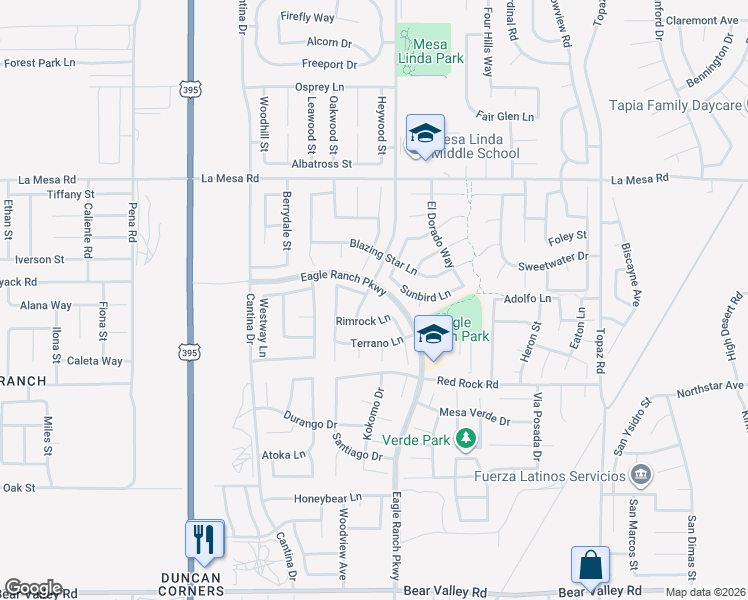map of restaurants, bars, coffee shops, grocery stores, and more near 12663 Mesa Linda Avenue in Victorville