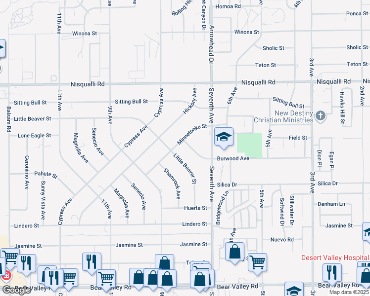 map of restaurants, bars, coffee shops, grocery stores, and more near 12646 Burwood Avenue in Victorville