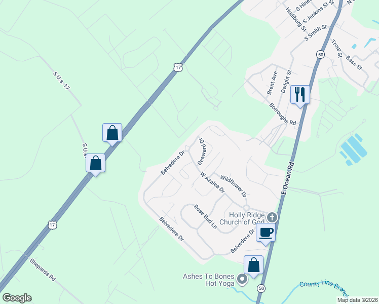 map of restaurants, bars, coffee shops, grocery stores, and more near 209 West Azalea Drive in Holly Ridge