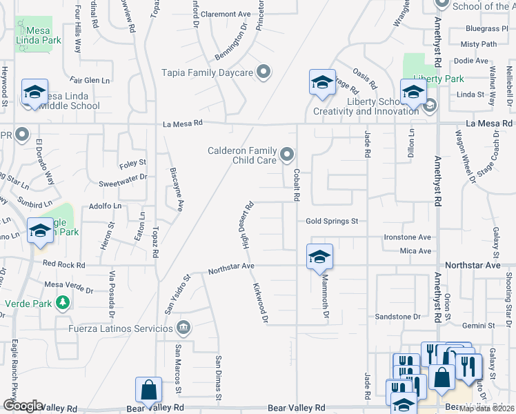 map of restaurants, bars, coffee shops, grocery stores, and more near 13181 High Desert Road in Victorville