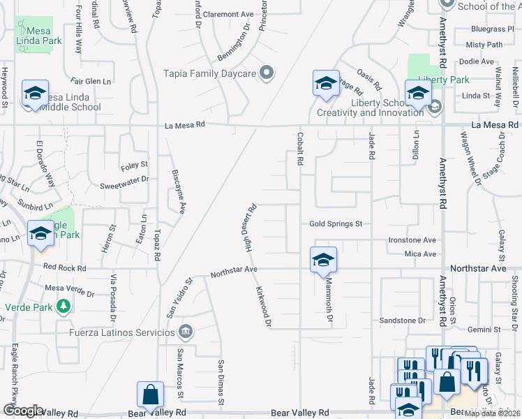 map of restaurants, bars, coffee shops, grocery stores, and more near 13221 High Desert Road in Victorville