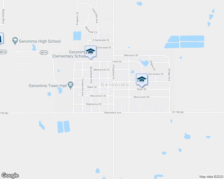 map of restaurants, bars, coffee shops, grocery stores, and more near 512 E Main St in Geronimo