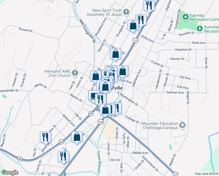 map of restaurants, bars, coffee shops, grocery stores, and more near in Summerville