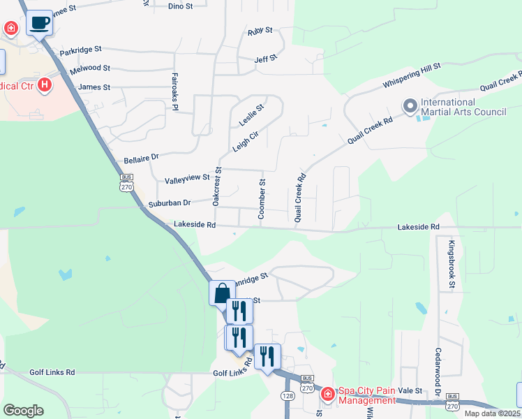 map of restaurants, bars, coffee shops, grocery stores, and more near Spencer Street in Hot Springs