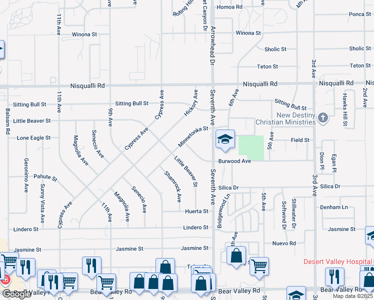 map of restaurants, bars, coffee shops, grocery stores, and more near 12646 Burwood Avenue in Victorville