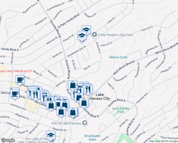 map of restaurants, bars, coffee shops, grocery stores, and more near 2335 Pima Drive South in Lake Havasu City