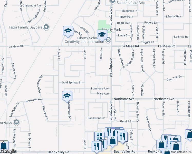 map of restaurants, bars, coffee shops, grocery stores, and more near 12655 Pinyon Pine Court in Victorville