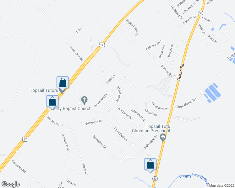 map of restaurants, bars, coffee shops, grocery stores, and more near 109 Seaward Drive in Holly Ridge
