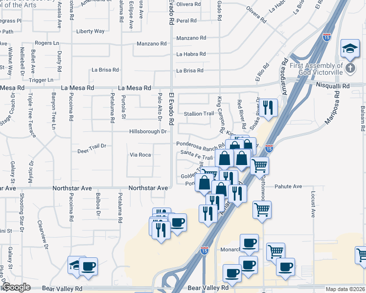 map of restaurants, bars, coffee shops, grocery stores, and more near 14510 Santa Fe Trail in Victorville