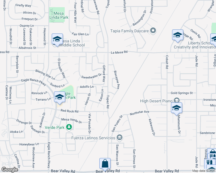 map of restaurants, bars, coffee shops, grocery stores, and more near Topaz Road & Hawkins Lane in Victorville