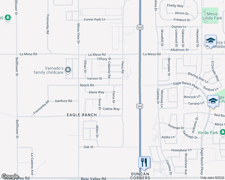 map of restaurants, bars, coffee shops, grocery stores, and more near 11936 Alana Way in Victorville