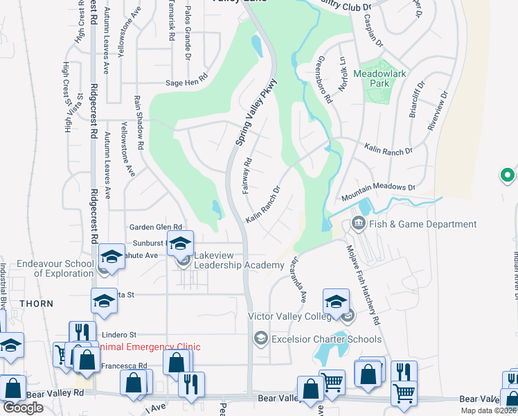 map of restaurants, bars, coffee shops, grocery stores, and more near 18172 Kalin Ranch Drive in Victorville