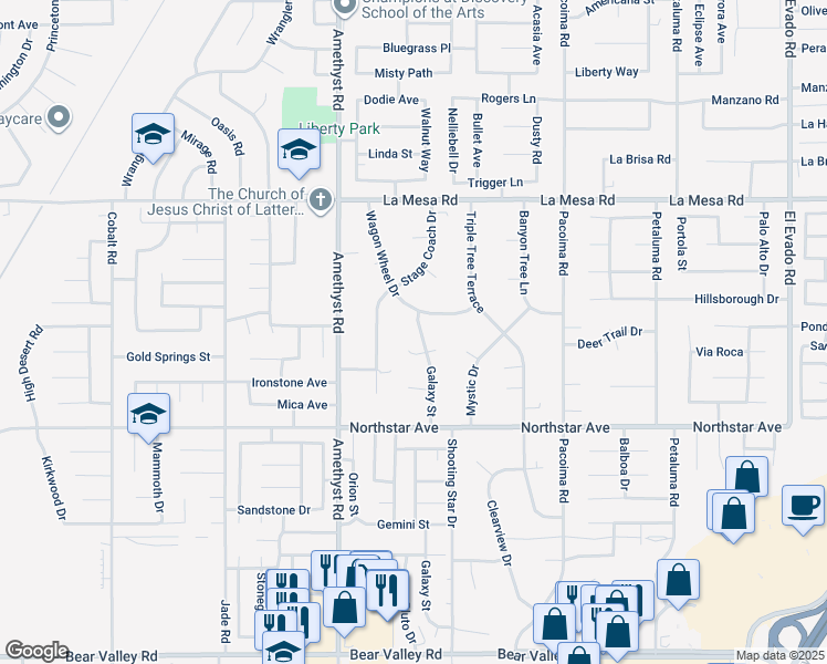map of restaurants, bars, coffee shops, grocery stores, and more near 12668 Galaxy Street in Victorville