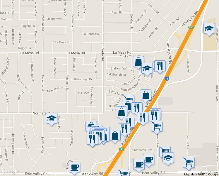 map of restaurants, bars, coffee shops, grocery stores, and more near 14510 Santa Fe Trail in Victorville