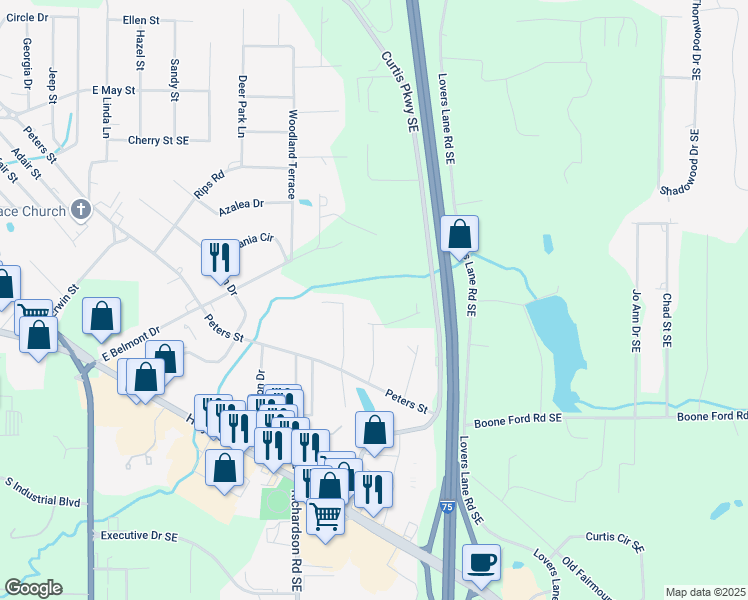 map of restaurants, bars, coffee shops, grocery stores, and more near 111 Lewis Drive Southeast in Calhoun