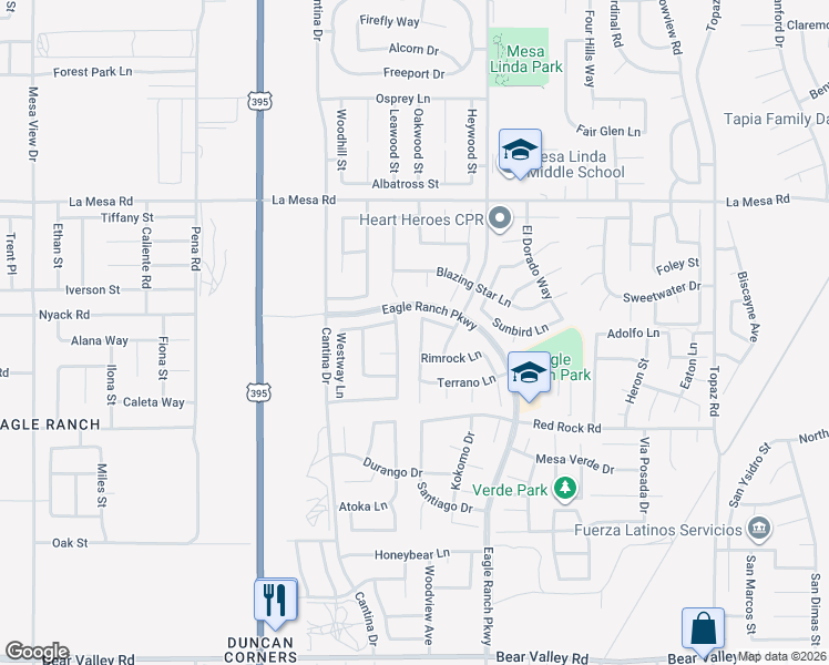map of restaurants, bars, coffee shops, grocery stores, and more near 12656 Westbranch Way in Victorville
