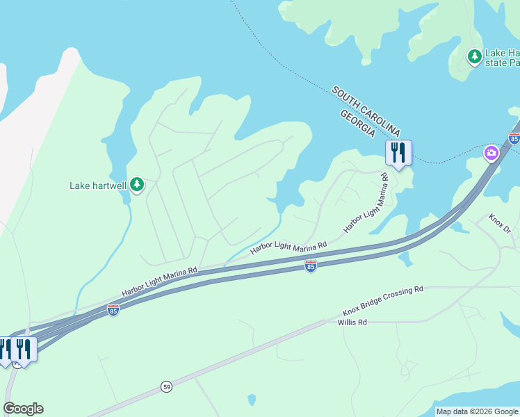 map of restaurants, bars, coffee shops, grocery stores, and more near 192 Harbor Heights Lane in Lavonia