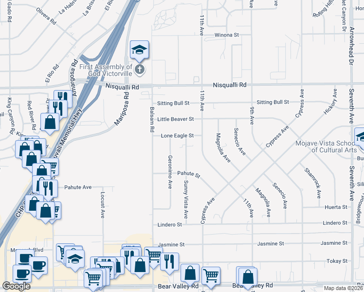 map of restaurants, bars, coffee shops, grocery stores, and more near 12658 Sunny Vista Avenue in Victorville