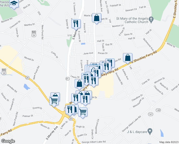 map of restaurants, bars, coffee shops, grocery stores, and more near 43 Prince Street in Anderson