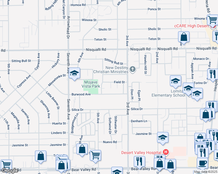 map of restaurants, bars, coffee shops, grocery stores, and more near 12643 Field Way in Victorville