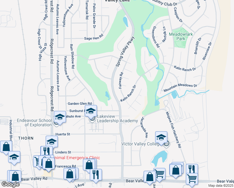 map of restaurants, bars, coffee shops, grocery stores, and more near 12625 Spring Valley Parkway in Victorville