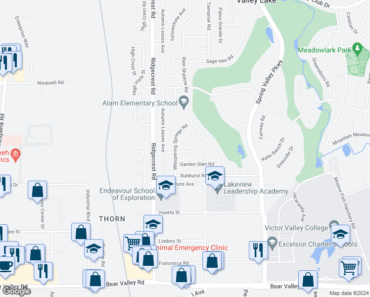 map of restaurants, bars, coffee shops, grocery stores, and more near 17824 Canyon Meadow Road in Victorville