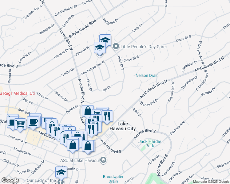map of restaurants, bars, coffee shops, grocery stores, and more near 2335 S Pima Dr in Lake Havasu City