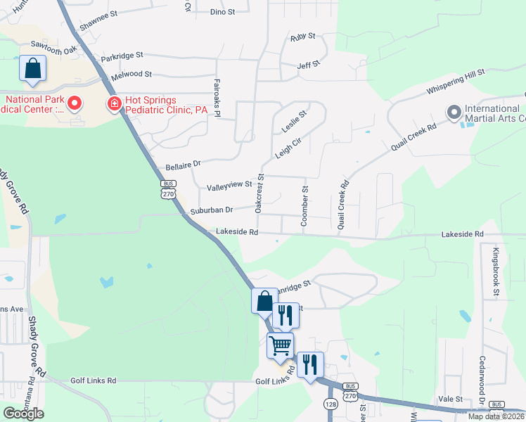 map of restaurants, bars, coffee shops, grocery stores, and more near 103 Oakcrest Street in Hot Springs