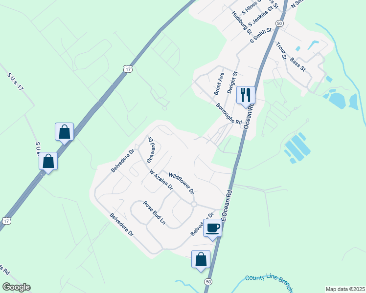 map of restaurants, bars, coffee shops, grocery stores, and more near 422 Belvedere Drive in Holly Ridge