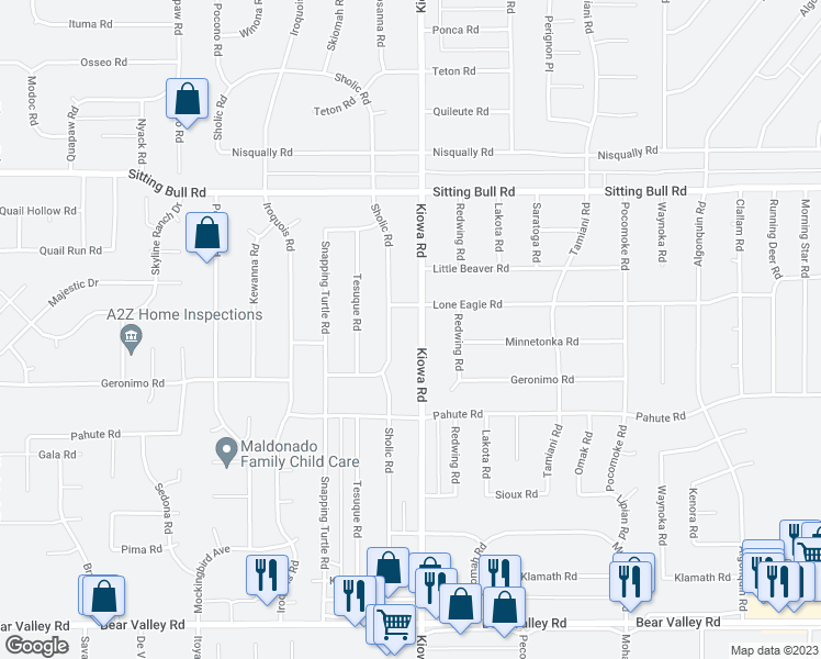map of restaurants, bars, coffee shops, grocery stores, and more near 12620 Kiowa Road in Apple Valley