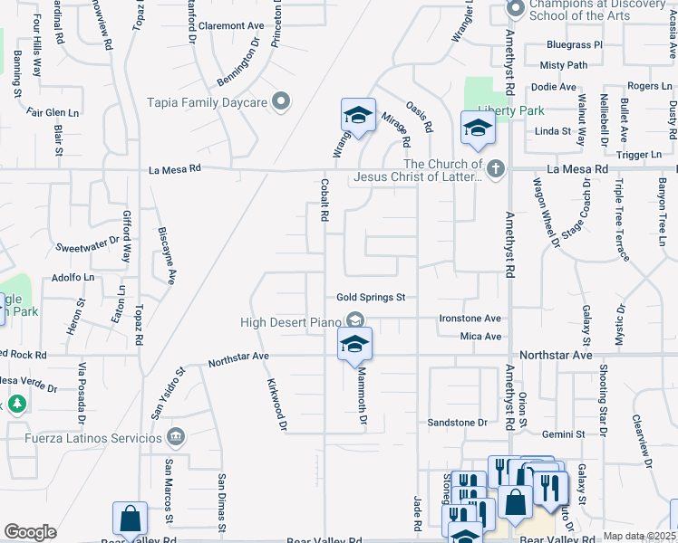 map of restaurants, bars, coffee shops, grocery stores, and more near 13351 Desert Primrose Lane in Victorville