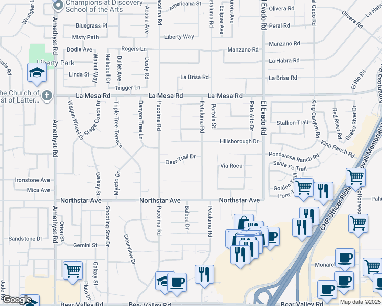 map of restaurants, bars, coffee shops, grocery stores, and more near 14220 Deer Trail Drive in Victorville