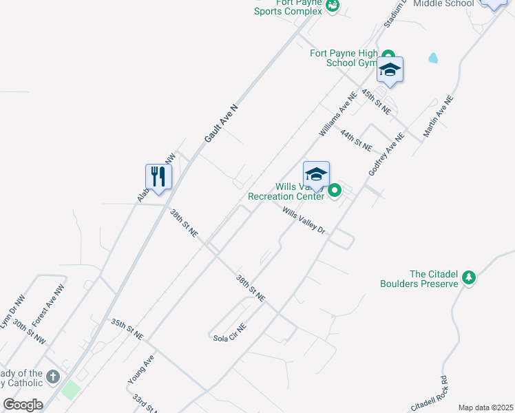 map of restaurants, bars, coffee shops, grocery stores, and more near Williams Avenue Northeast in Fort Payne
