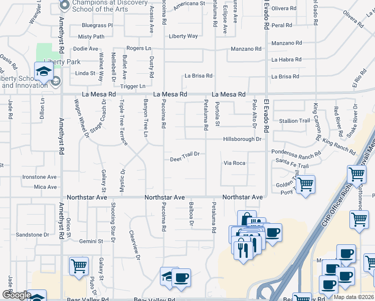 map of restaurants, bars, coffee shops, grocery stores, and more near 14192 Deer Trail Drive in Victorville