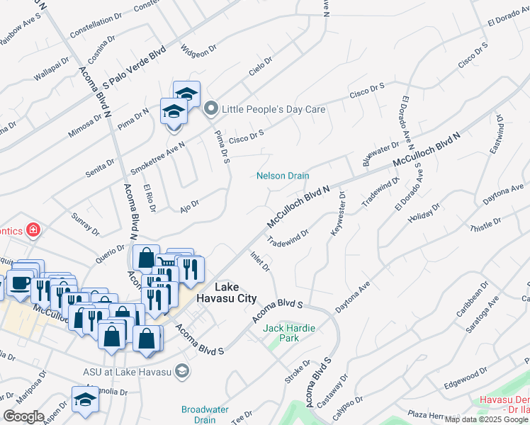 map of restaurants, bars, coffee shops, grocery stores, and more near 2461 McCulloch Boulevard North in Lake Havasu City