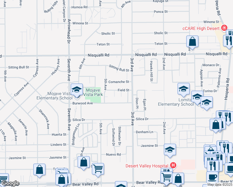 map of restaurants, bars, coffee shops, grocery stores, and more near 12663 Field Way in Victorville