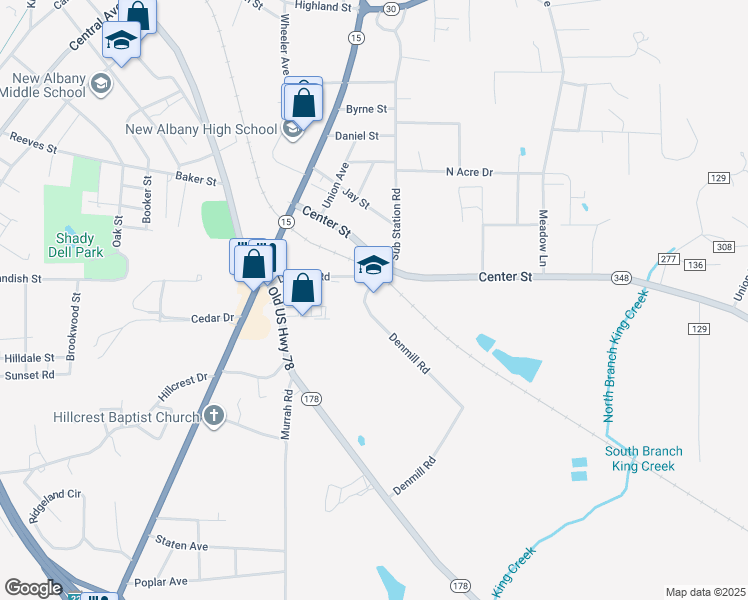 map of restaurants, bars, coffee shops, grocery stores, and more near 915 Denmill Road in New Albany
