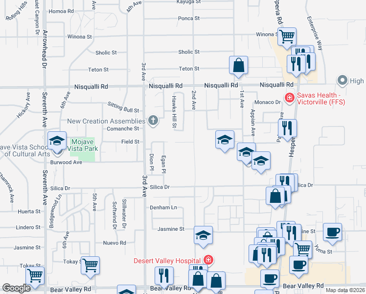 map of restaurants, bars, coffee shops, grocery stores, and more near 12654 2nd Avenue in Victorville