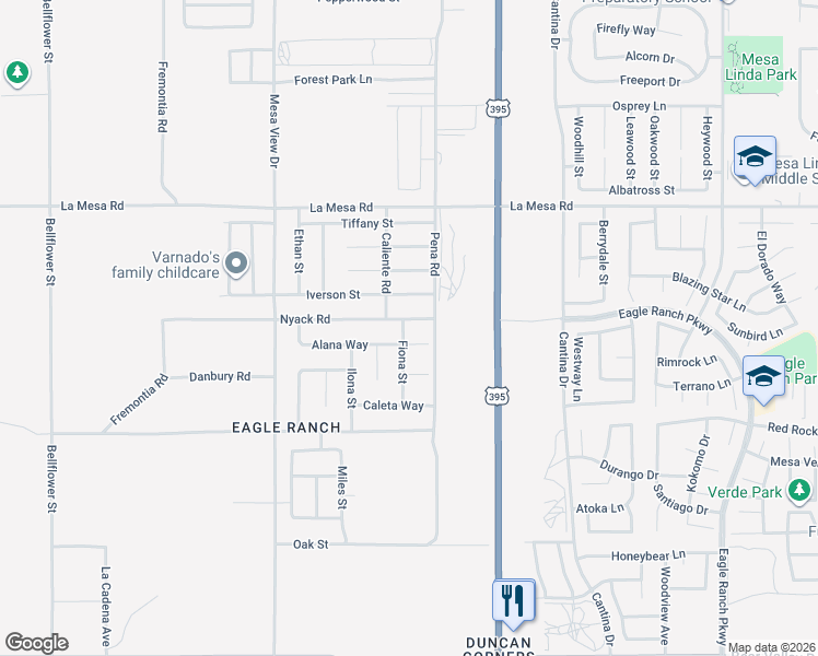 map of restaurants, bars, coffee shops, grocery stores, and more near 11936 Alana Way in Victorville